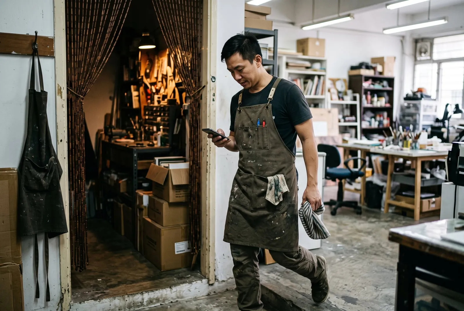 A studio owner stepping out of the back room, phone in hand, replying to a handed-off conversation.