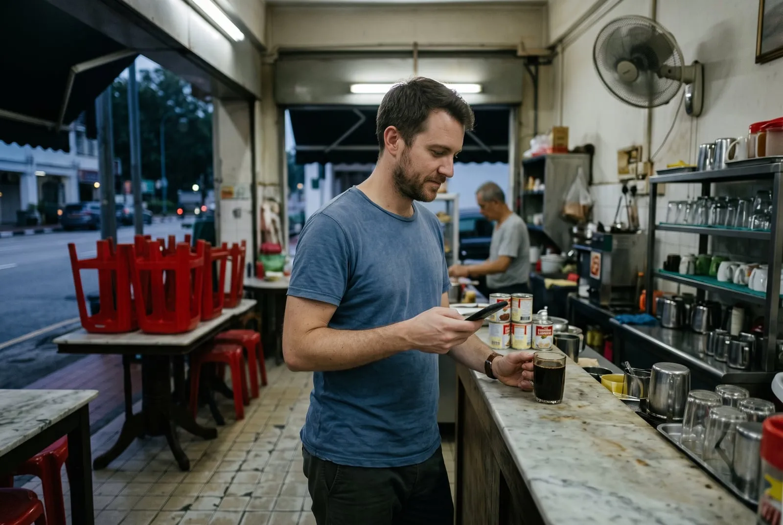 A man with a coffee at a quiet counter in the early morning, reading his phone before the day starts.