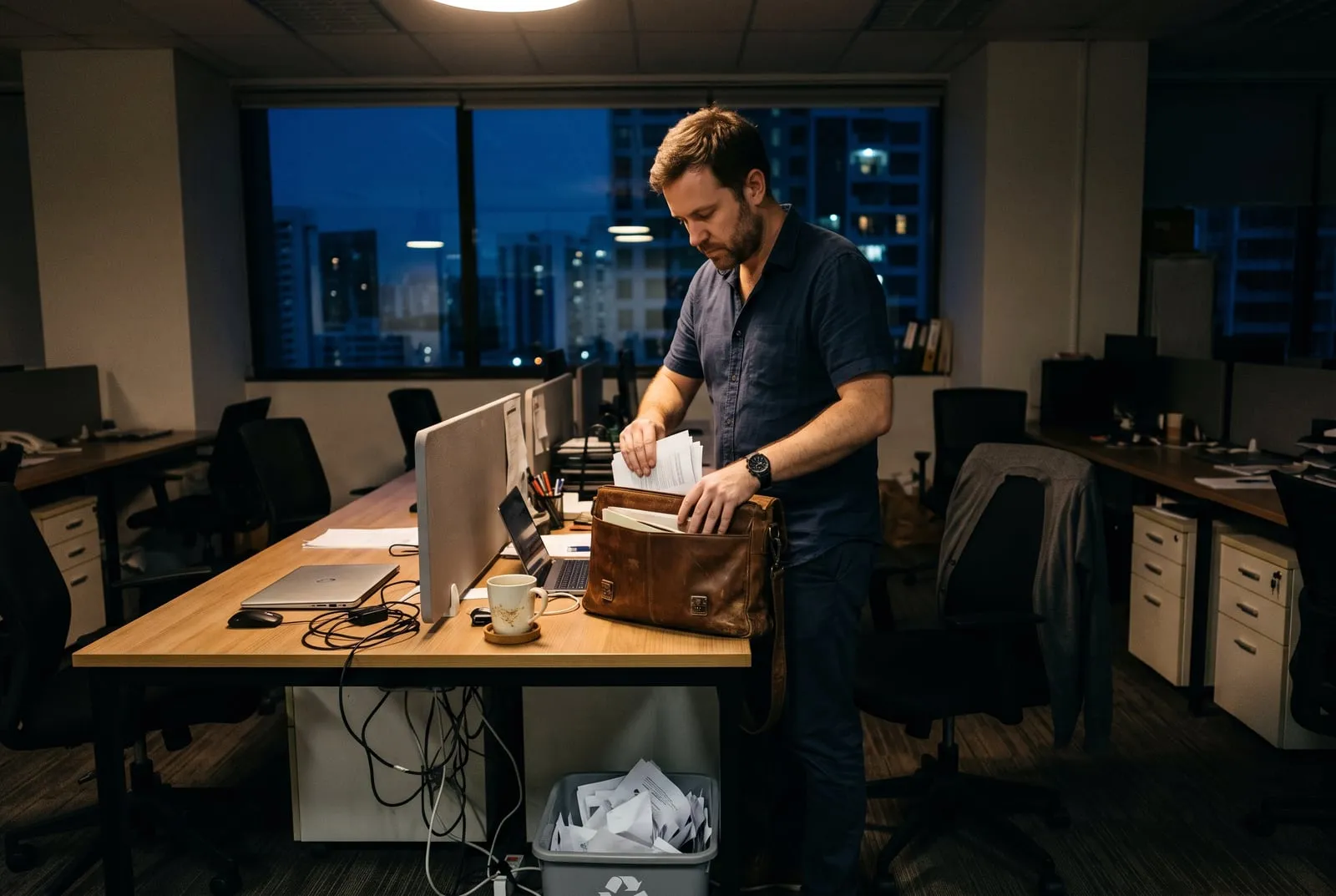 A consultant tidying his desk at the end of the day in a small Singapore office, laptop closed.