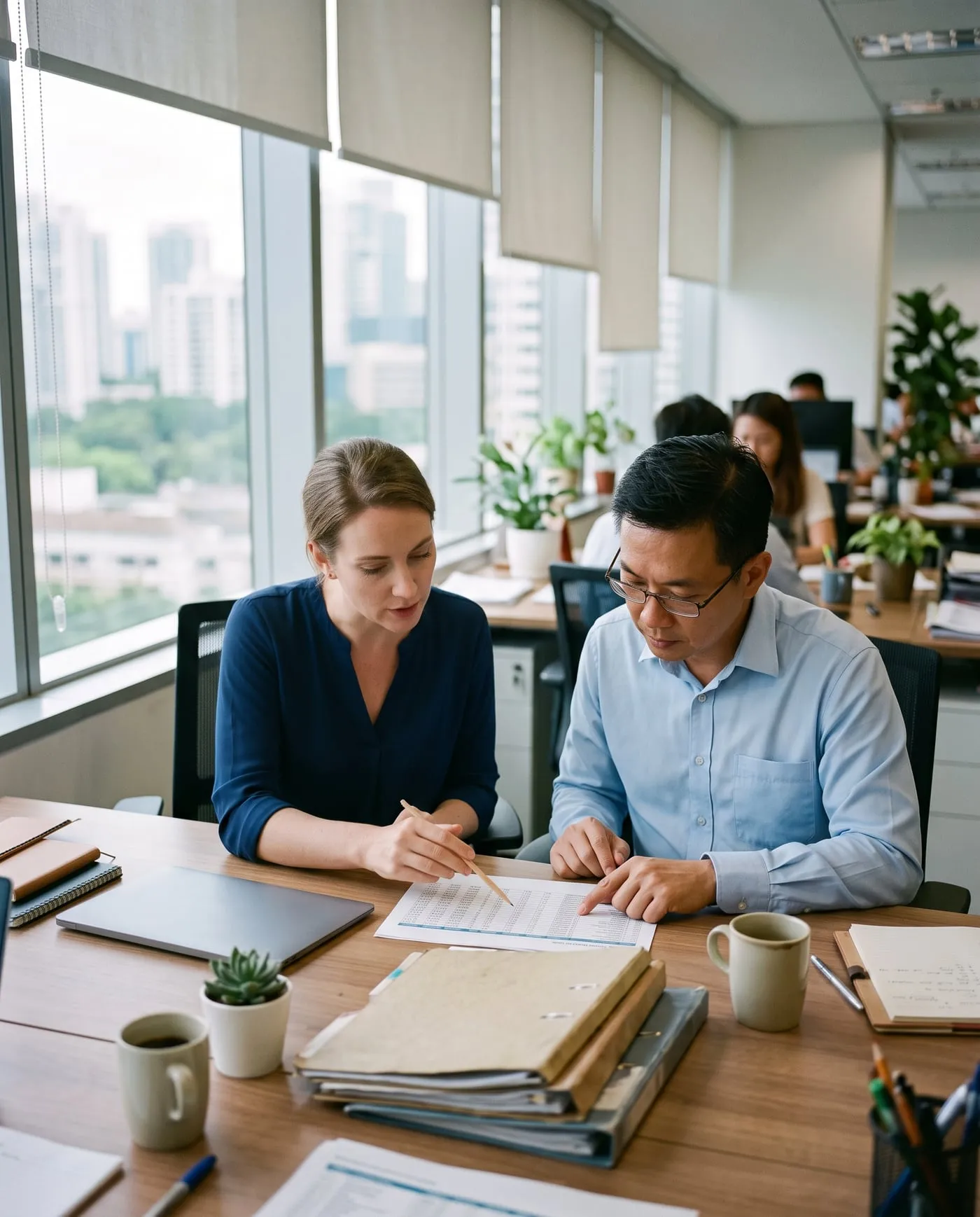 Two colleagues reviewing paperwork together at a desk in a small Singapore office.