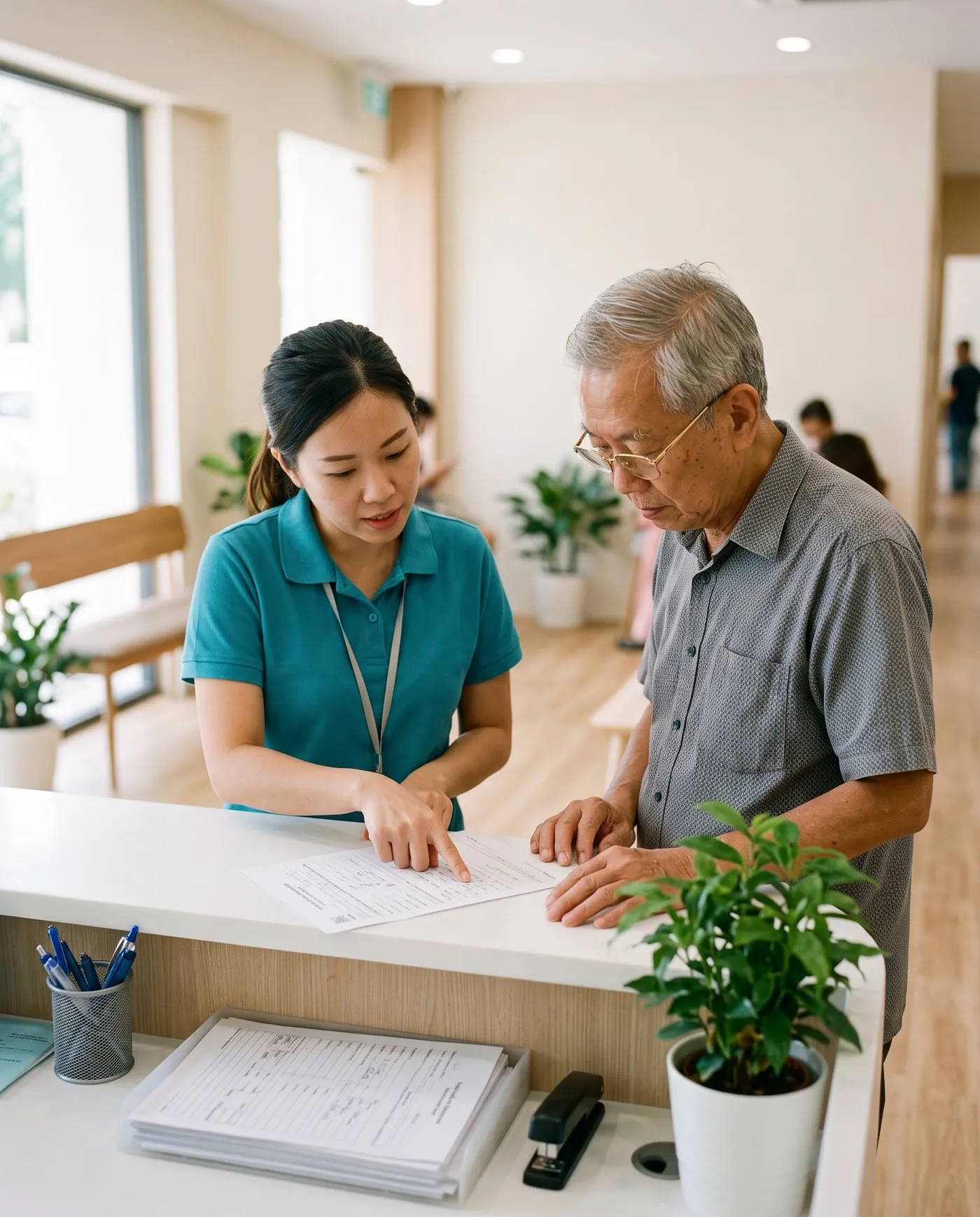 A clinic receptionist helping an elderly patient at the front desk of a bright Singapore clinic.