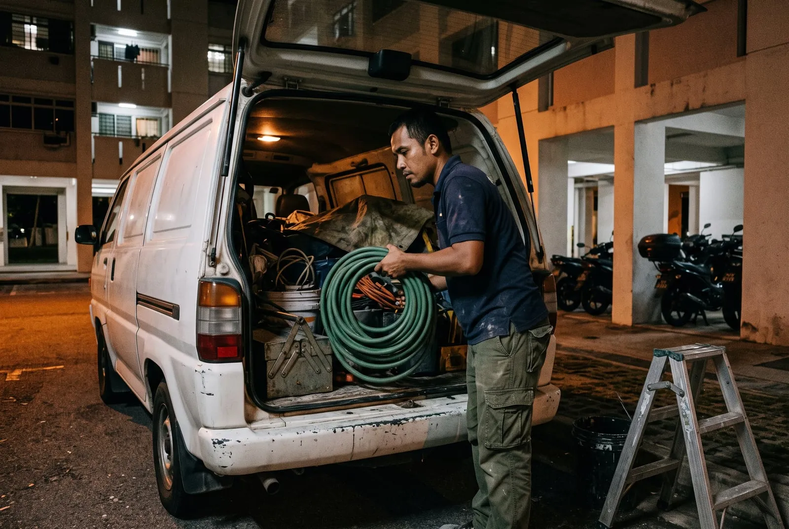 A technician loading equipment into a van at a Singapore housing block late at night.
