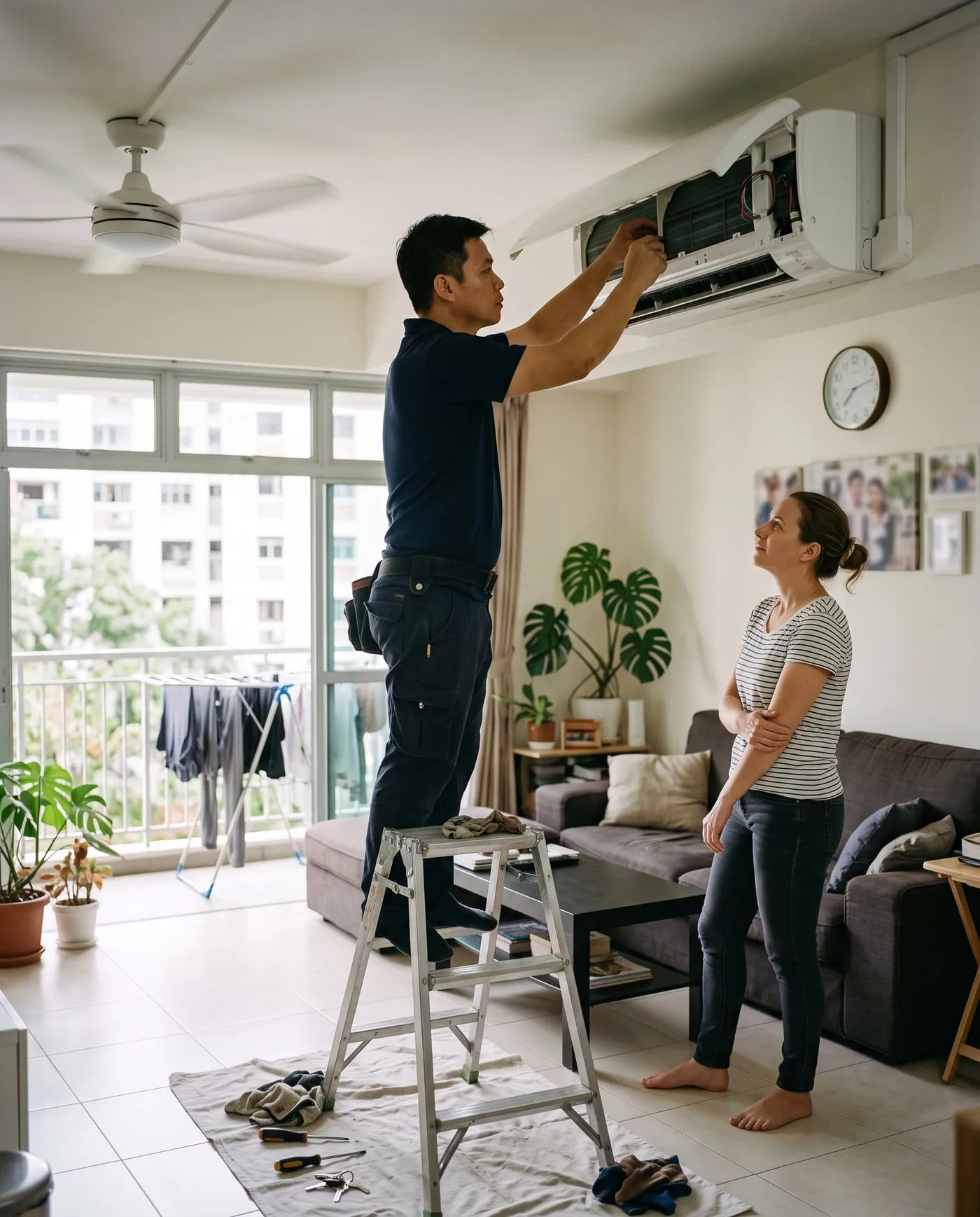 An aircon technician on a ladder servicing a ceiling unit in a Singapore flat while the homeowner looks on.