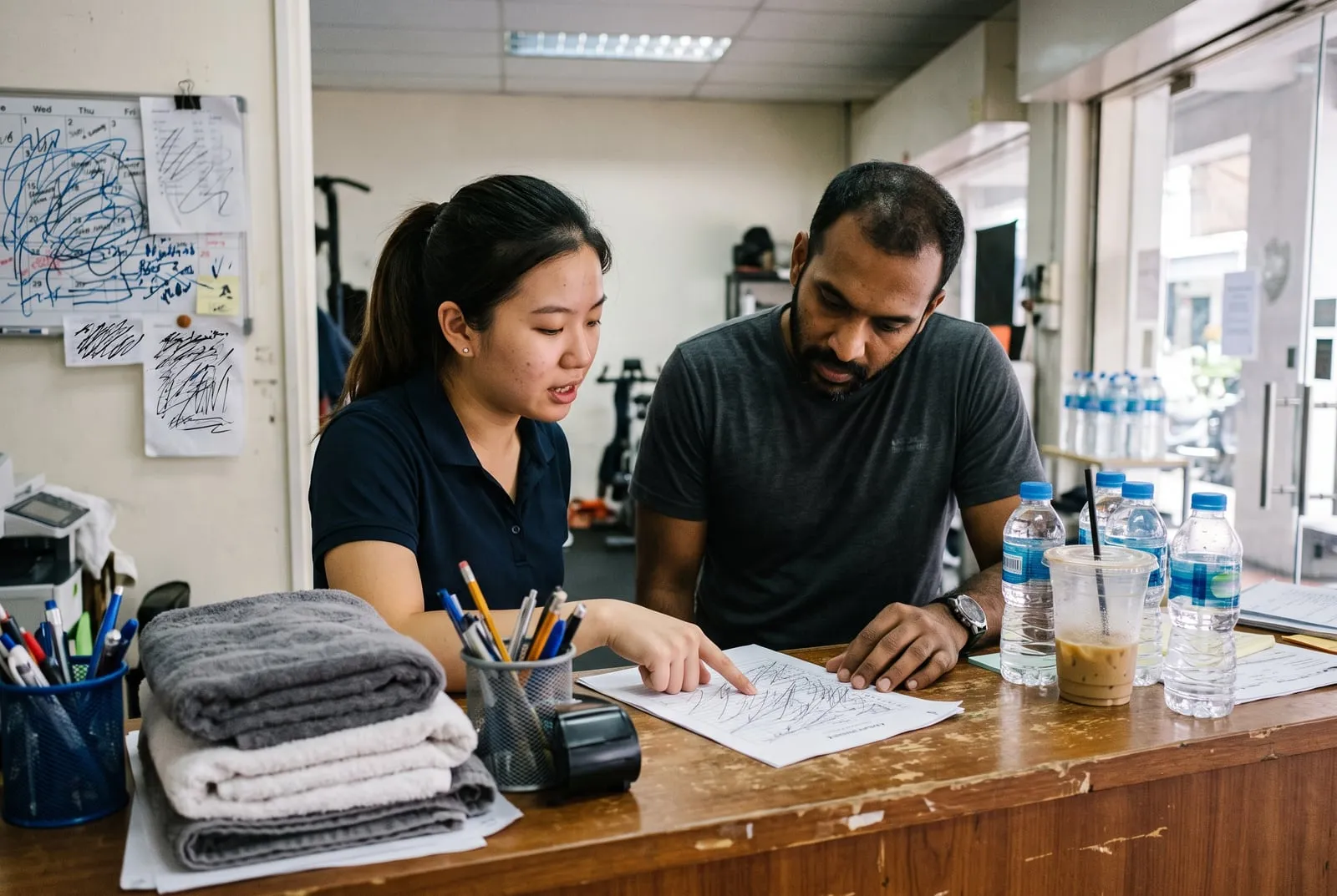 Two colleagues behind the counter of a small Singapore studio, talking through the morning's list together.