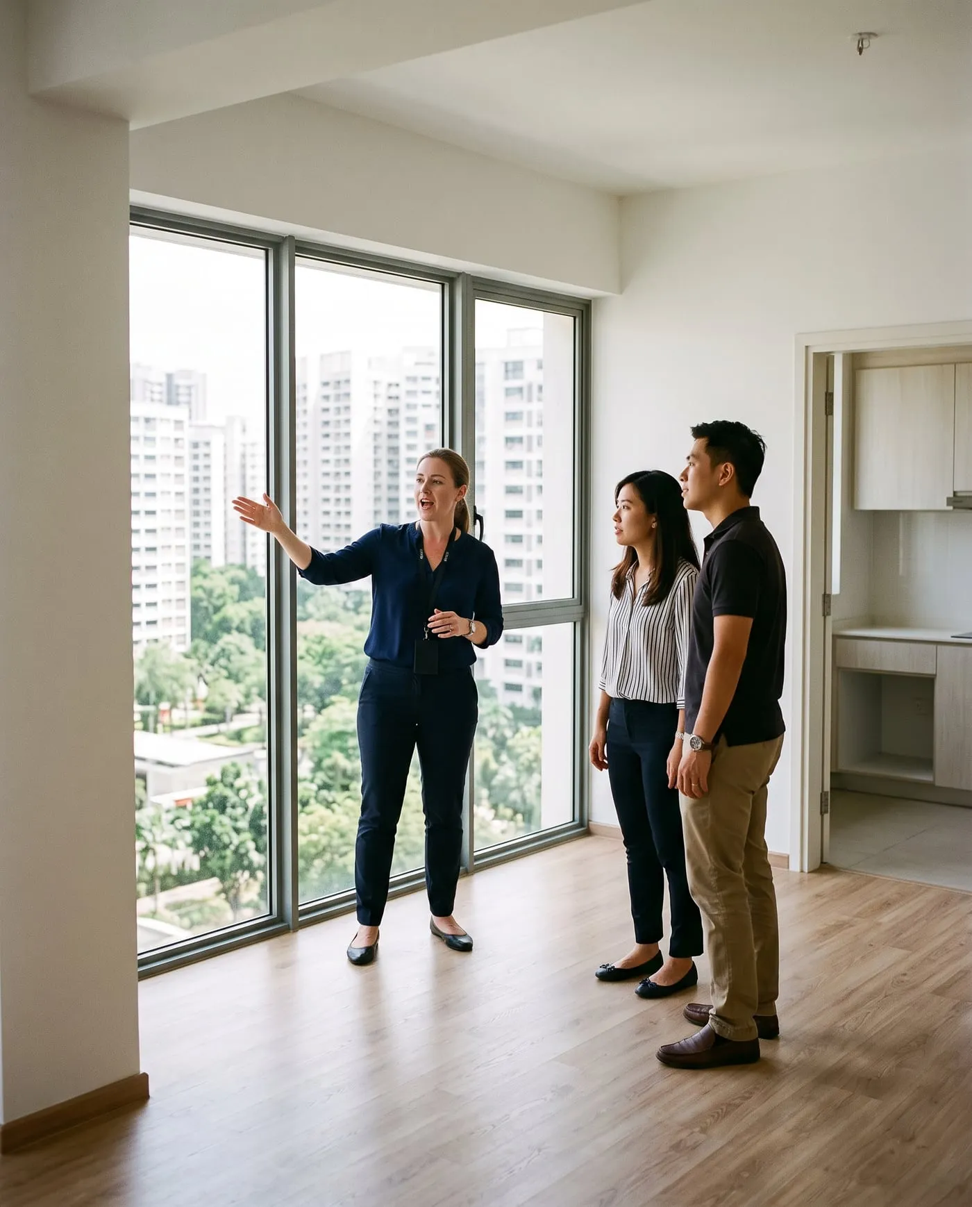A property agent showing a couple around a bright Singapore condominium unit.