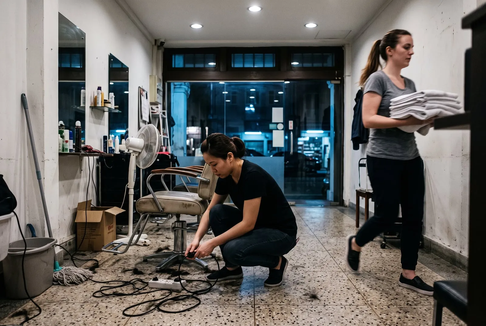 A stylist crouching to unplug a styling chair while a colleague carries folded towels past her, closing up a Singapore salon at night.