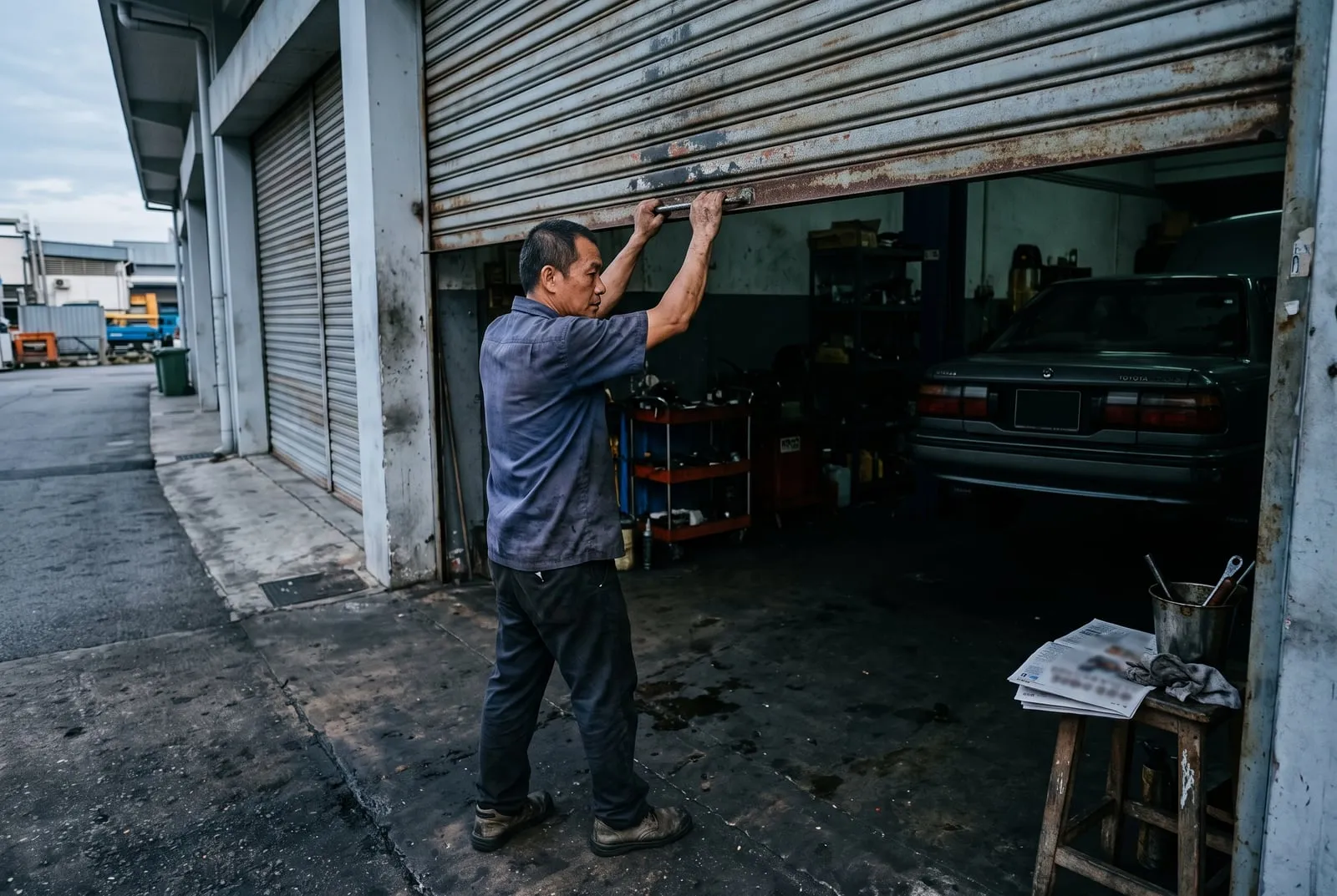 A mechanic rolling up the shutters of a Singapore car workshop in the early morning.