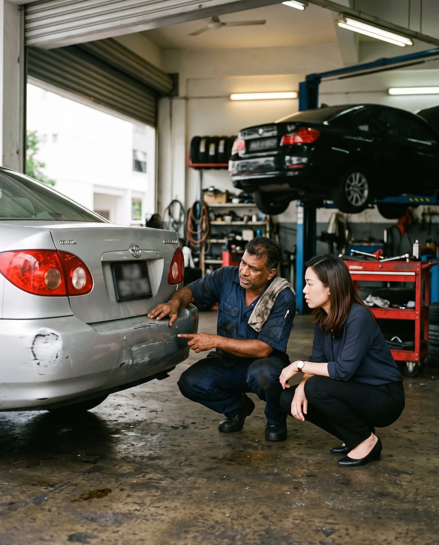 A mechanic discussing a repair with a customer beside her car in a Singapore workshop.